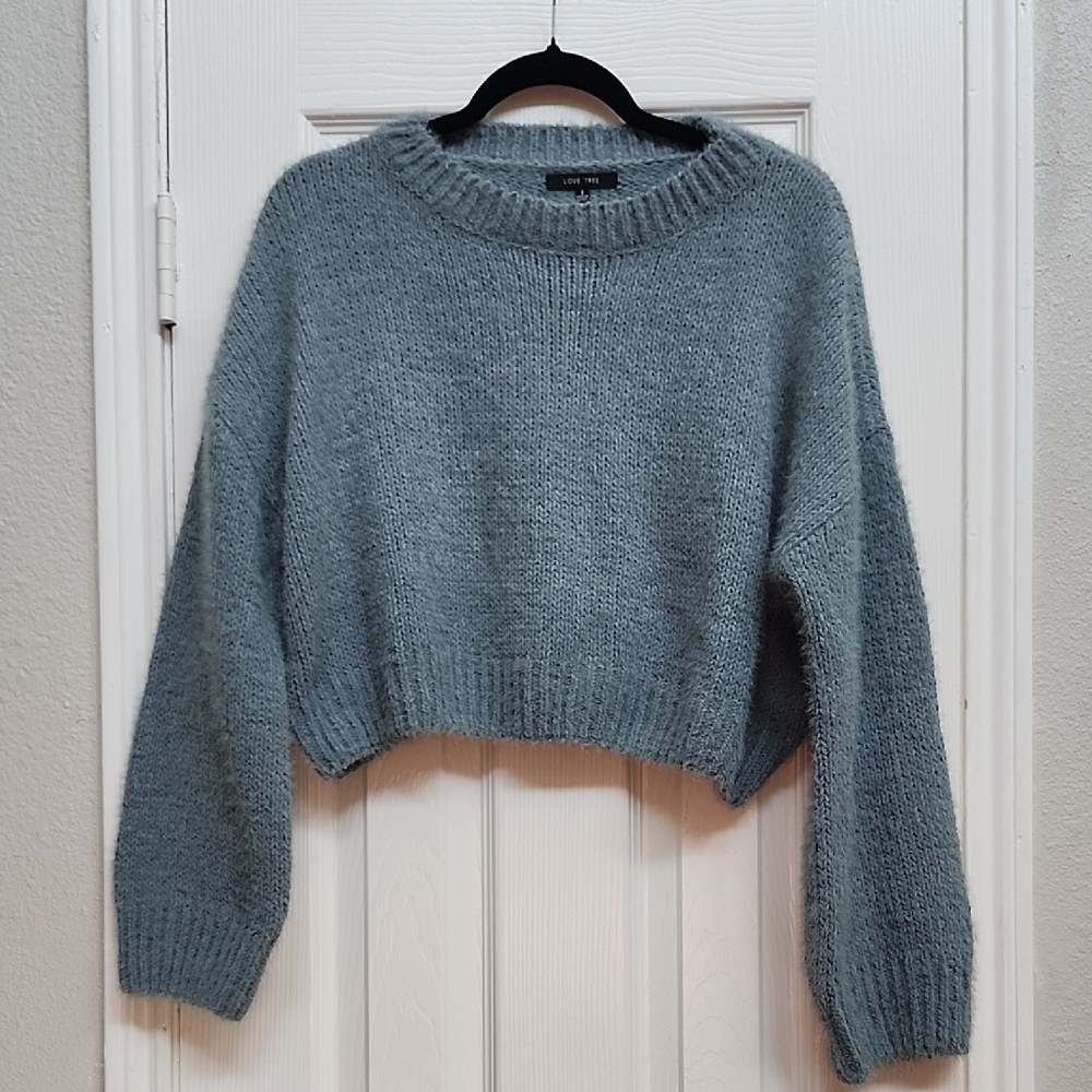 Love Tree Dusty Blue Cropped Fuzzy Sweater, Size S